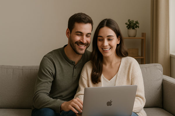 Couple smiling at a laptop at home, representing remote ADHD care for residents of Prince Albert, Saskatchewan.