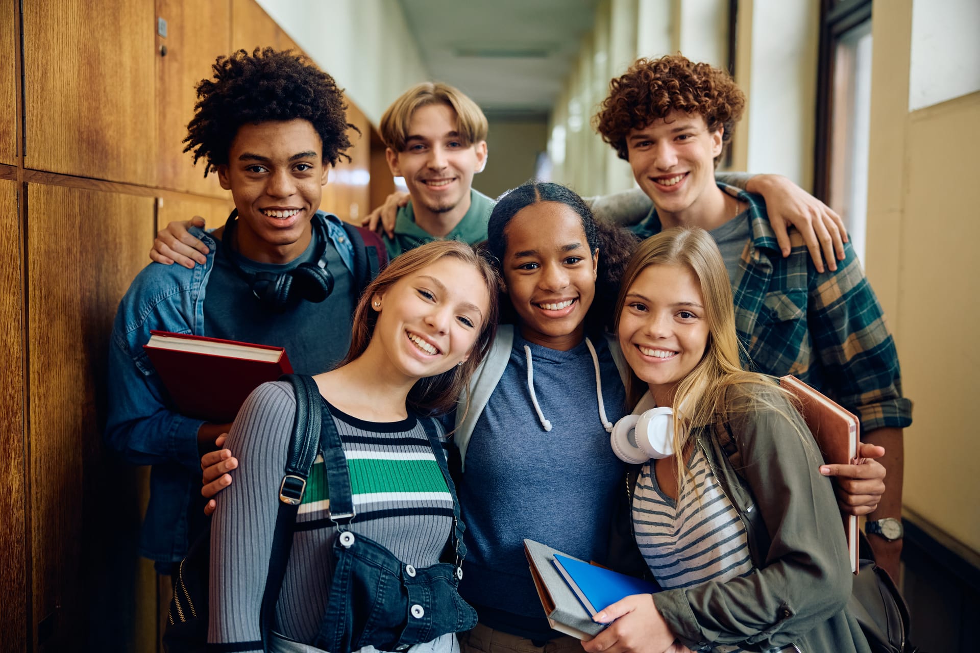 Happy diverse high school students